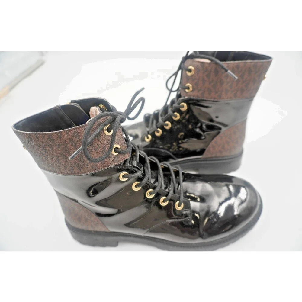 MICHAEL KORS Alistair Signature Monogram Combat Lug Sole Black Leather Boot 10M